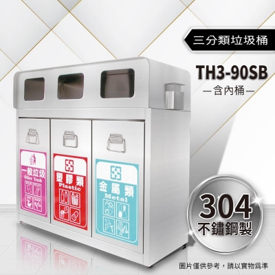 不鏽鋼三分類資源回收桶（TH3-90SB）